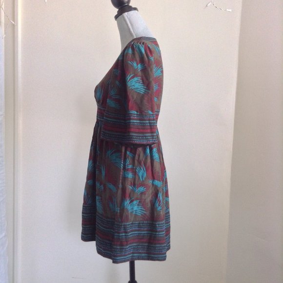 BETSEY JOHNSON V-NECK EMPIRE WAIST PRINT GREEN SHORT MINI DRESS 3/4 LONG SLEEVE - Picture 6 of 11